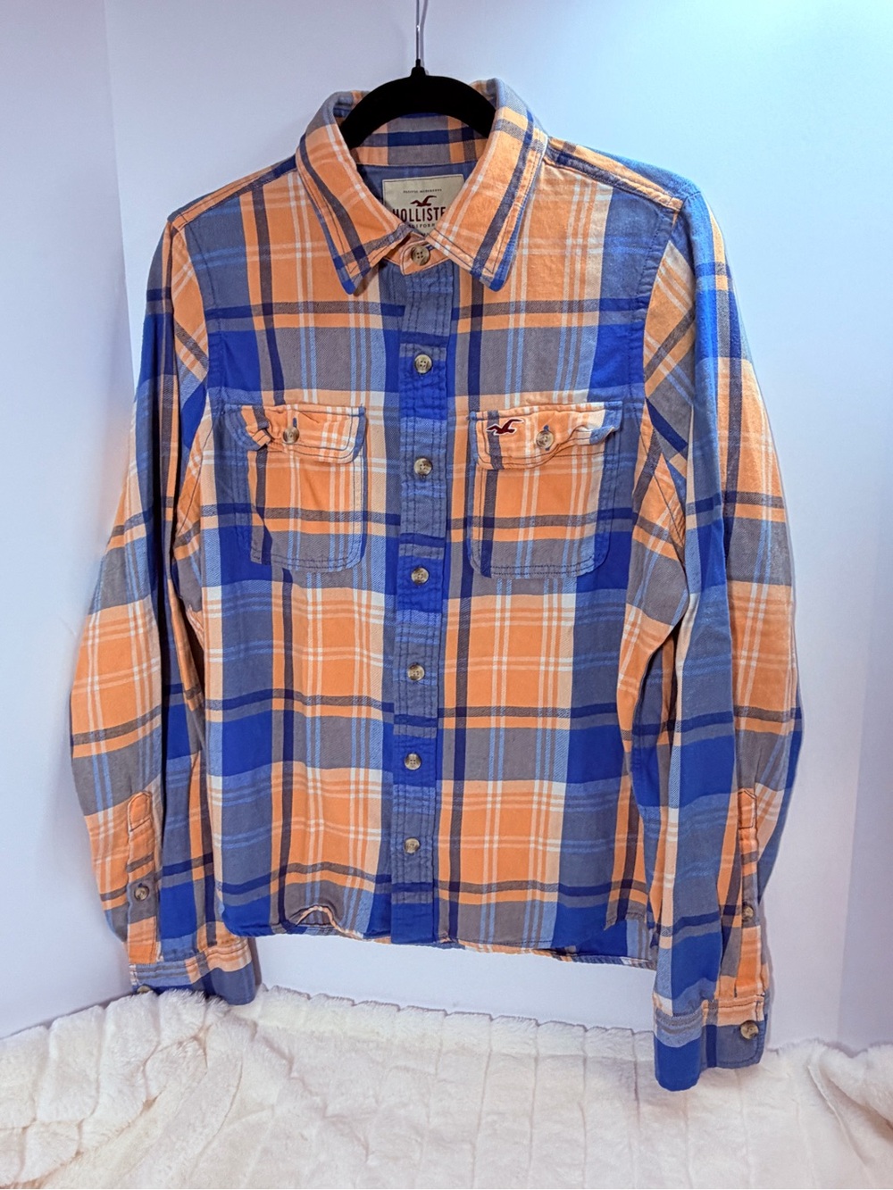 Hollister Men's large Orange & Blue Plaid Button-Up Shirt